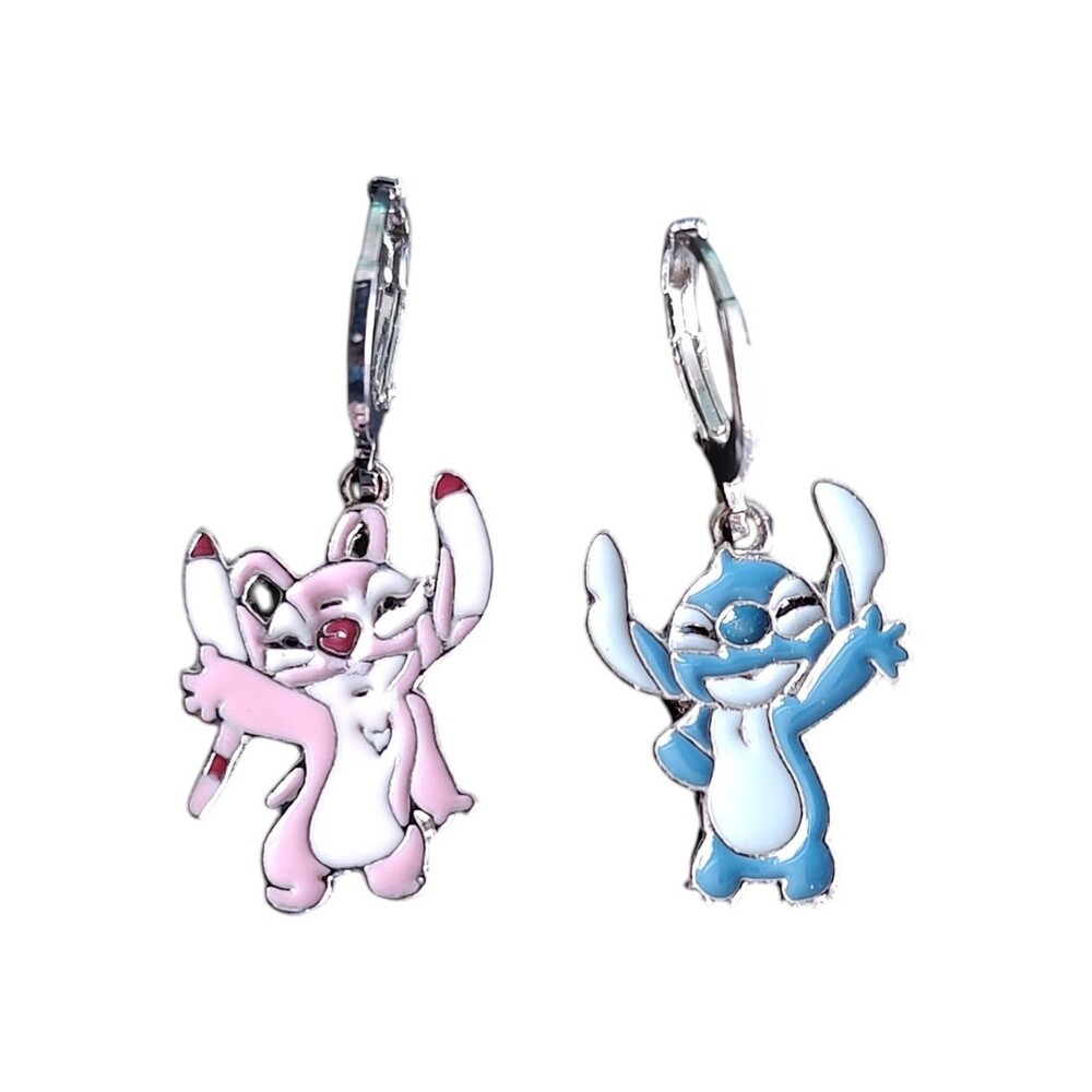 Signed Disney Angel & Stitch Enamel Lever Back Dangle Huggie Earrings Pink Blue